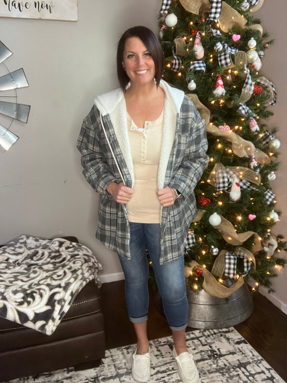 Gray Sherpa Lined Hooded Flannel Jacket