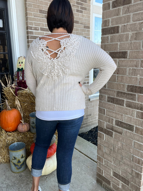 Oatmeal Lace Up Crochet Ribbed Top