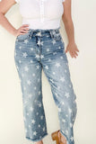 High Waist Star Print Frayed Hem Cropped Straight Jeans