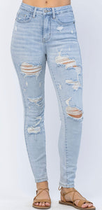 High Rise Destroyed TUMMY CONTROL Skinny Judy Blue Jeans