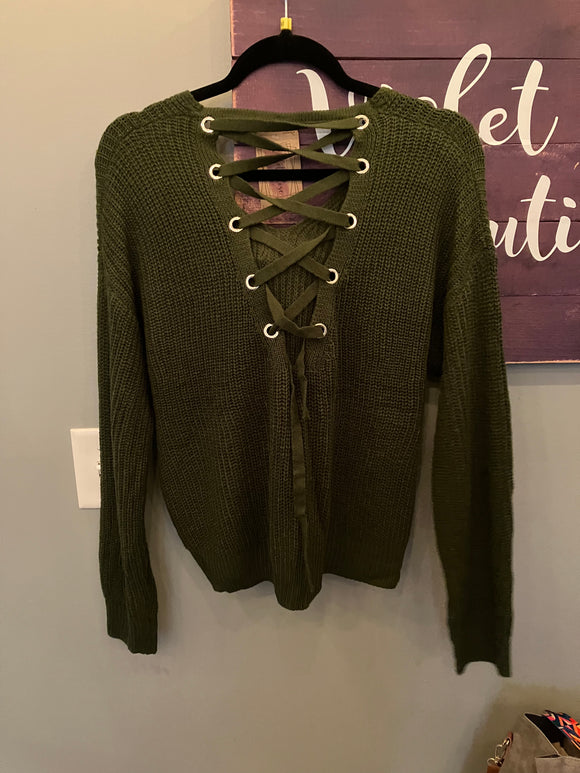 Olive Back Lace Up Sweater