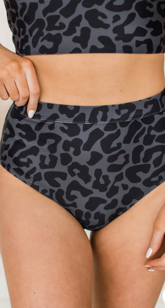 *PRE-ORDER* Sandy Shores High-Rise Swim Bottoms- Charcoal Leopard